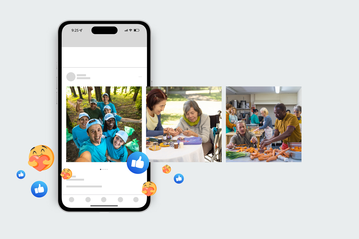 Smart phone showing various social media images posted by a non-profit organization